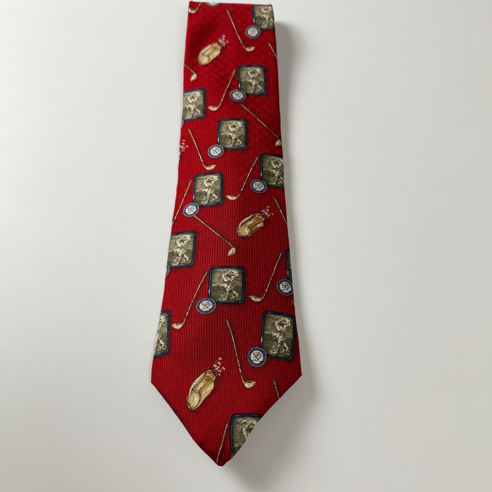 Payne Stewart Golf Tie Red Silk Novelty Print Clubs Bags Silk‎ Tie USA